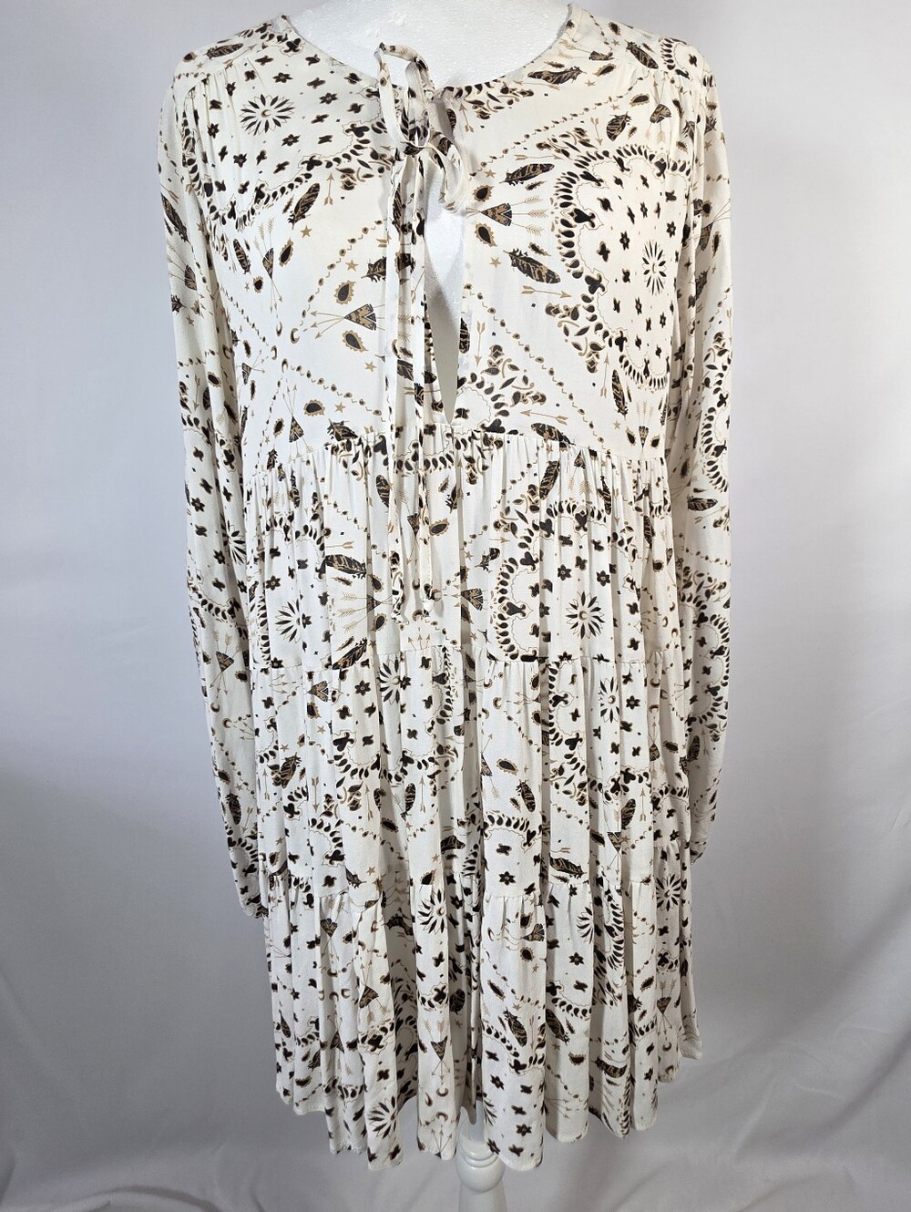 Jen’s Pirate Booty Boho Baby DollDress Cream Print Long Sleeve Tie Neck